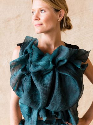 Luxury Peacock Blue and Black Silk Organza Top